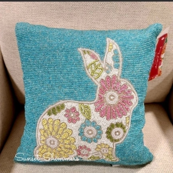 14" Sparkly BEADED Easter BUNNY RABBIT Floral Throw PILLOW Pink TURQUOISE - Picture 2 of 11